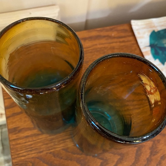 2 Hand Blown Tall Glasses Ombré Teal & Gold 6.25” Tall - Picture 4 of 4